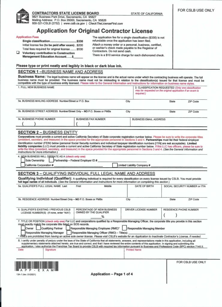 How to fill out the CSLB license application Page 1
